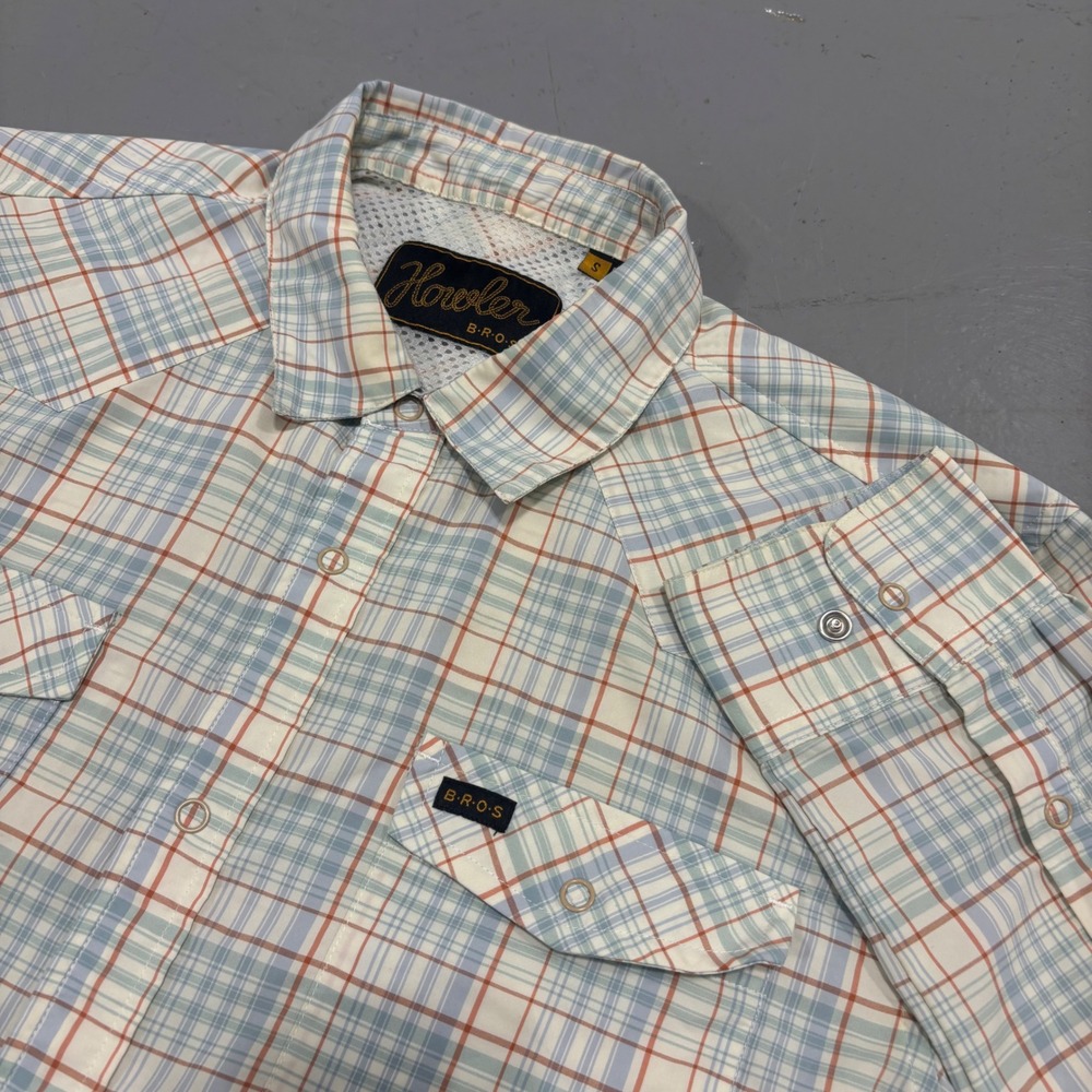 Howler Brothers Gaucho Snapshirt Mens Small Blue Orange Plaid Western Pearl Snap